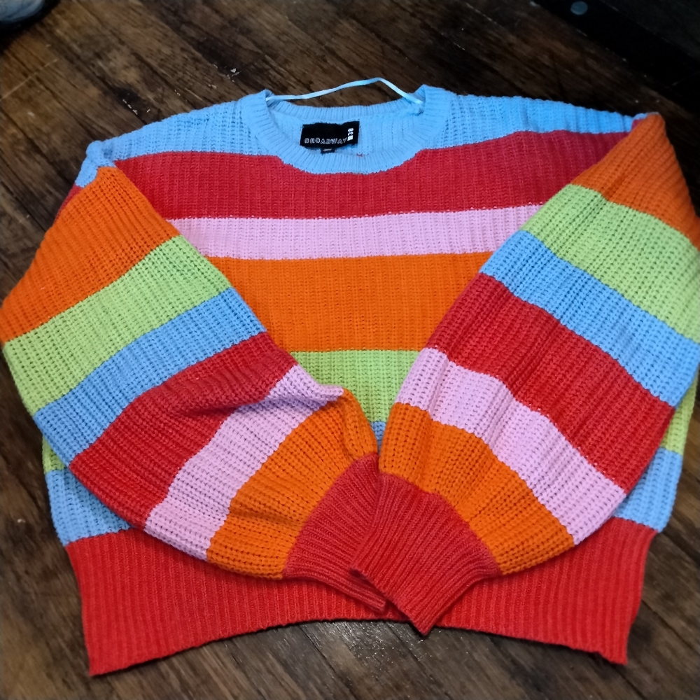 Broadway 38 Crew Neck Cotton Mix Bright Rainbow Stripe Ribbed Cropped Sweater Xl